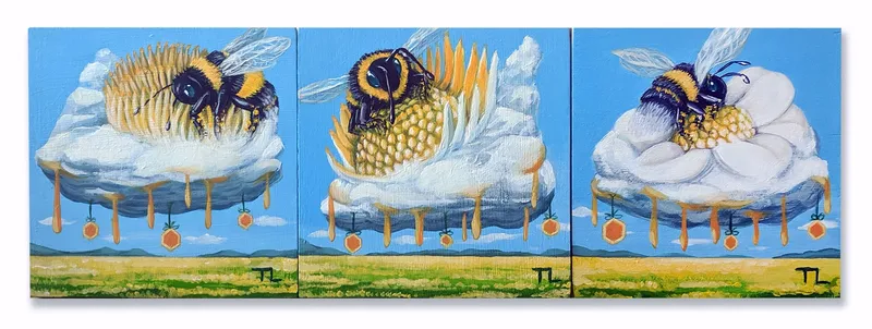Bee Clouds 1, 2, 3, 2019, acrylic on wood with uvb varnish by Todd Lawson